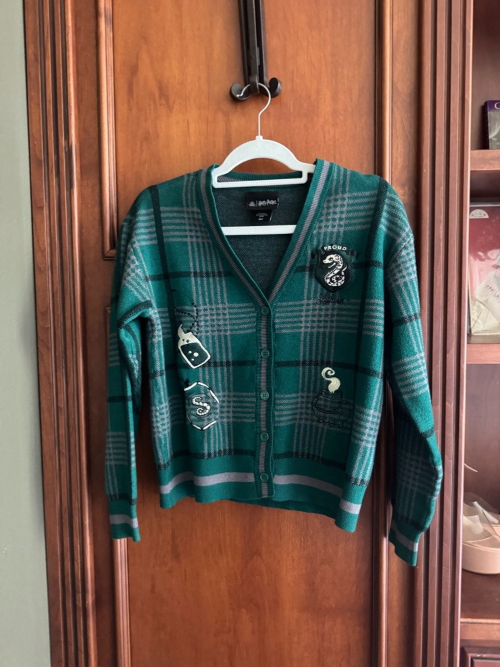 Green Plaid Button-Up Cardigan Sweater - Slytherin House Crest Patch